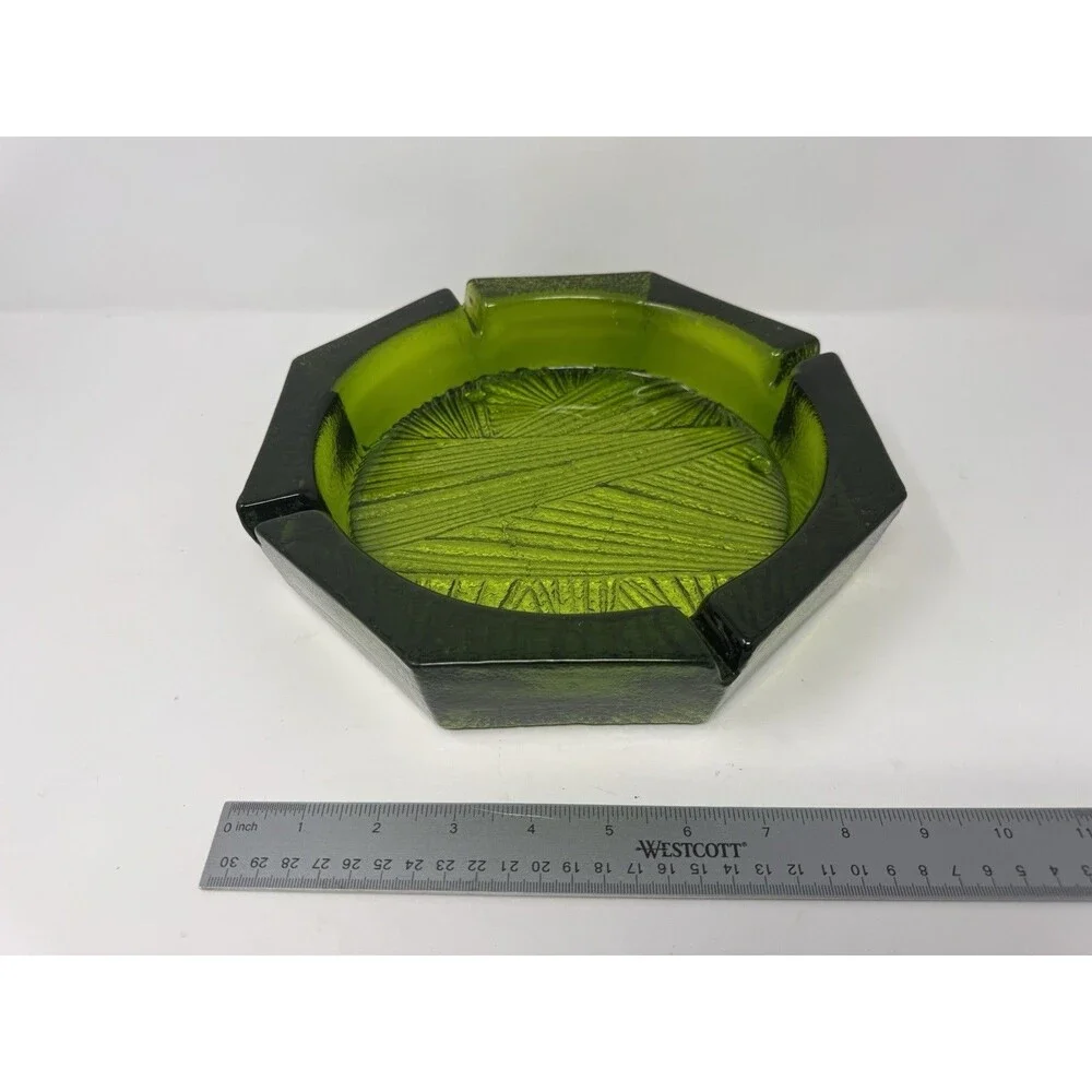 MCM Vintage Green Glass Ashtray Geometric Textured 10” Hexagon